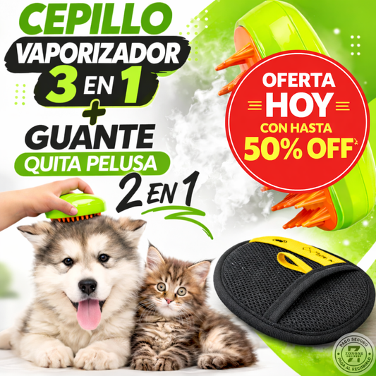 ¡Adiós al pelo de tu mascota! 🐶 Cepillo Vapor 3 en 1 + Guante Quita Pelos