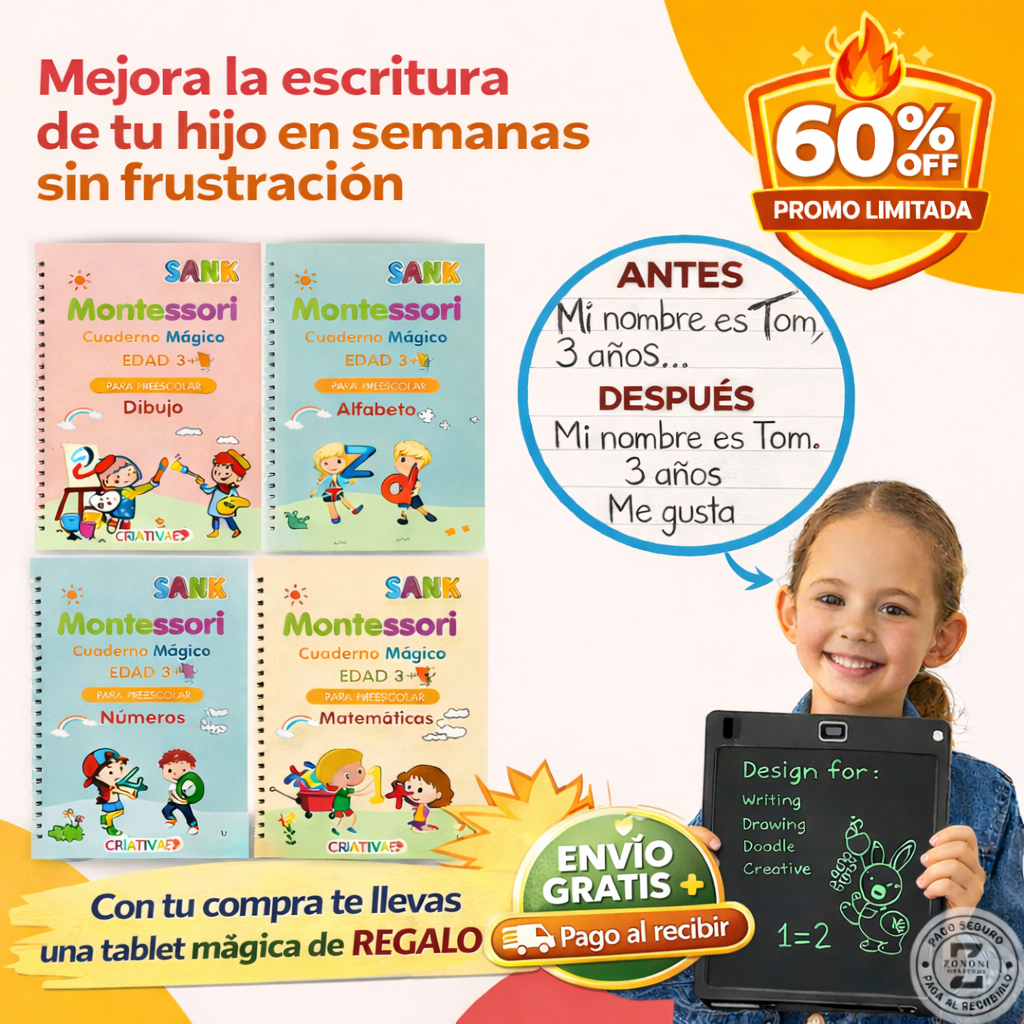 📚 Set 4 Cuadernos Mágicos Montessori+ 🎁REGALO| La Forma Más Divertida de Mejorar la Escritura ✍️