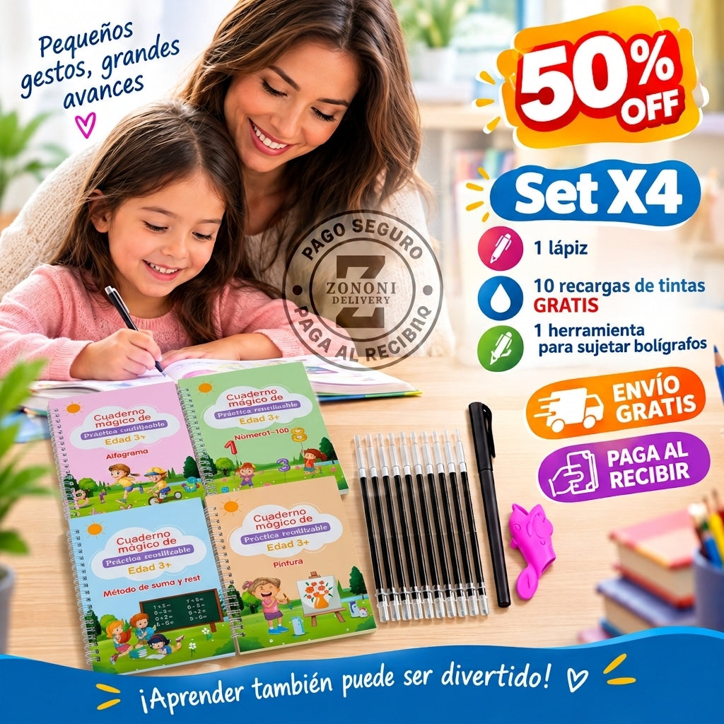 MagicWrite™ - Cuadernos Mágicos Reutilizables Montessori (Set x4)